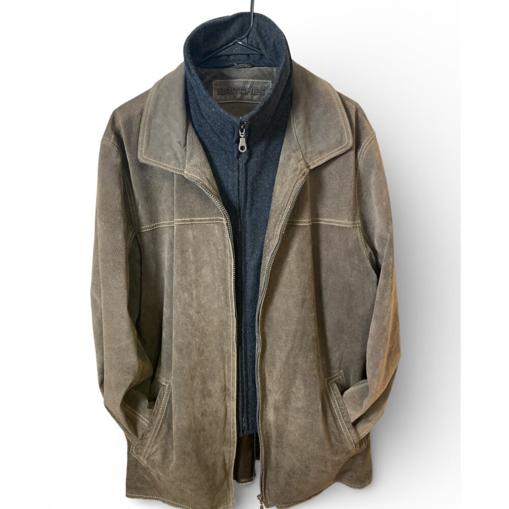 MEN'S BROWN SUEDE CAR COAT 2XL, REMOVEABLE WOOL LINING, BRITCHES JACKET